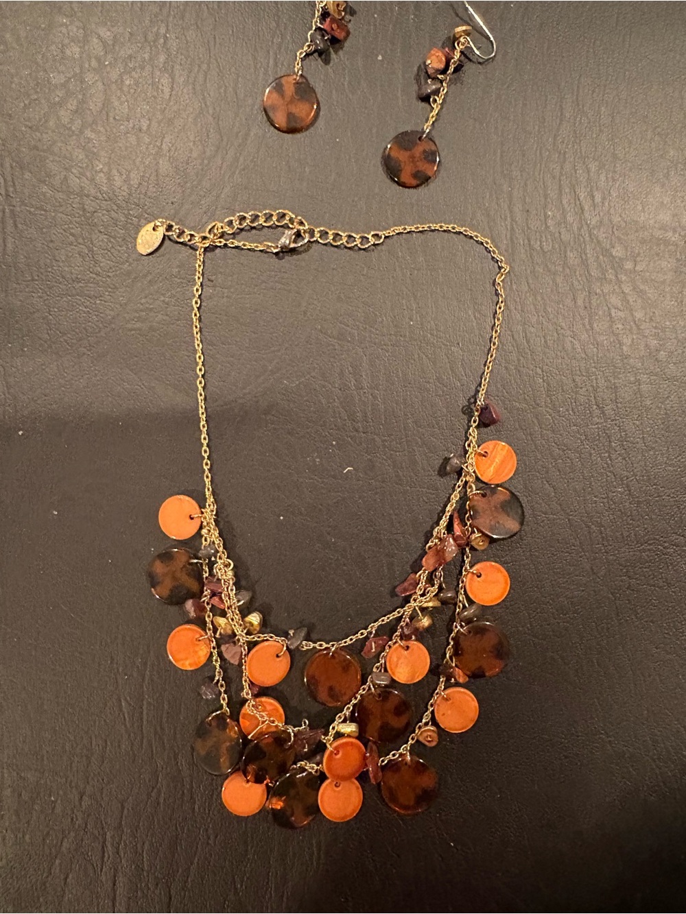 Gold-Tone Necklace & Earrings Set with Orange and Brown Disc Charms